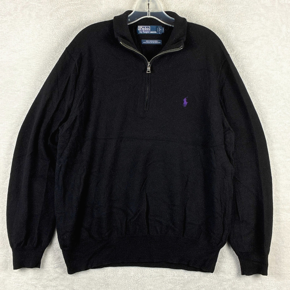 VTG Polo Ralph Lauren Sweater Men XL Black Purple Pony 1/4 Zip Pullover Wool
